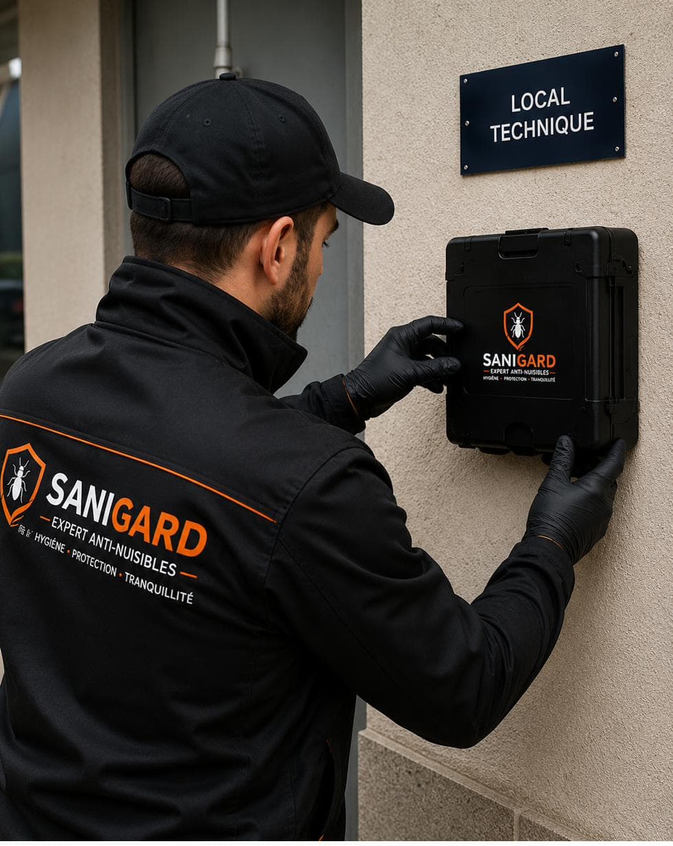 Technicien SANIGARD installant un poste de surveillance sécurisé en local technique