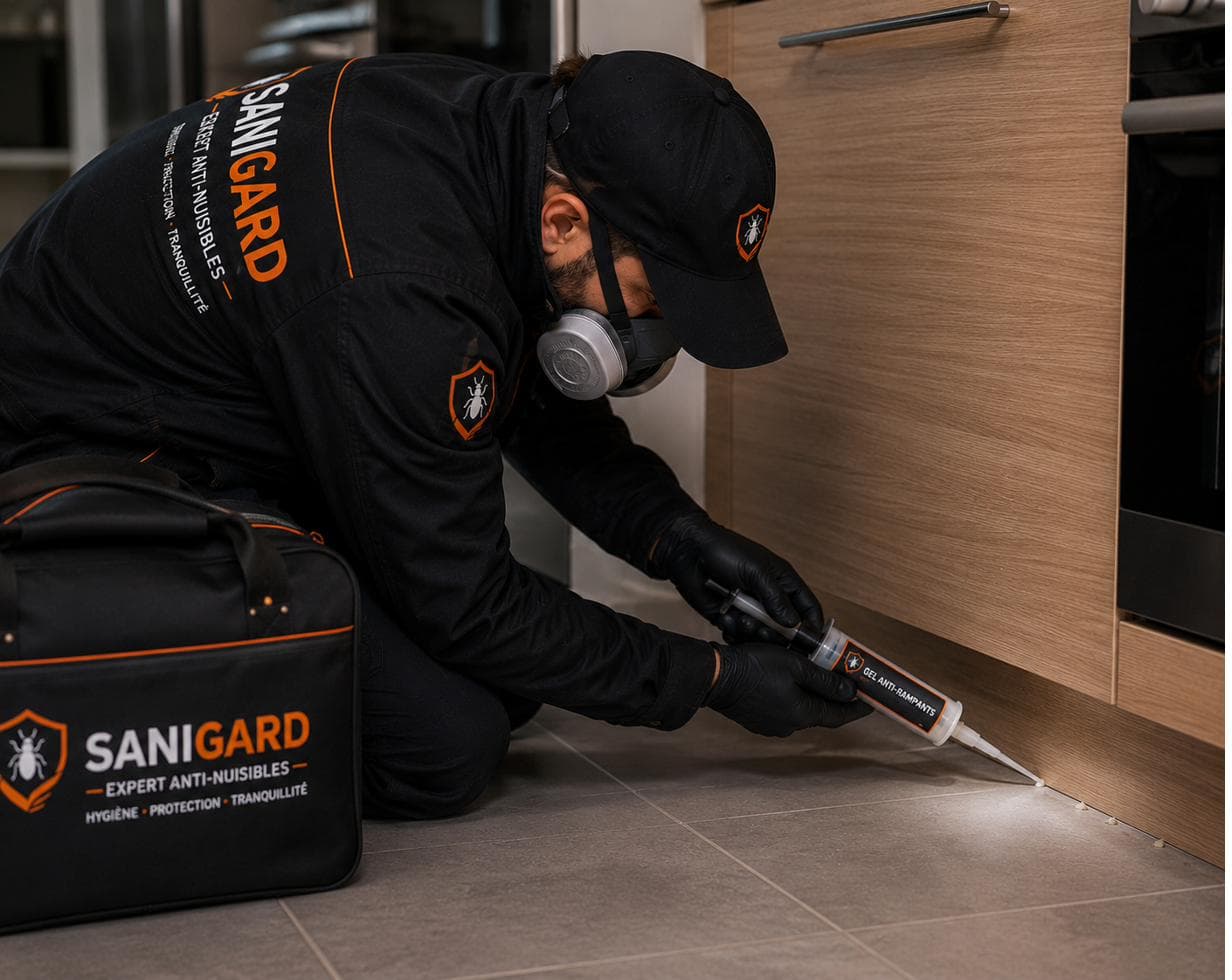 Technicien SANIGARD appliquant un traitement insecticide en cuisine