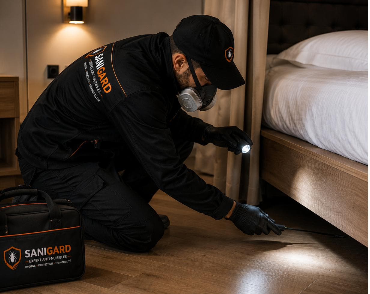 Technicien SANIGARD inspectant le pied d'un lit à la lampe torche