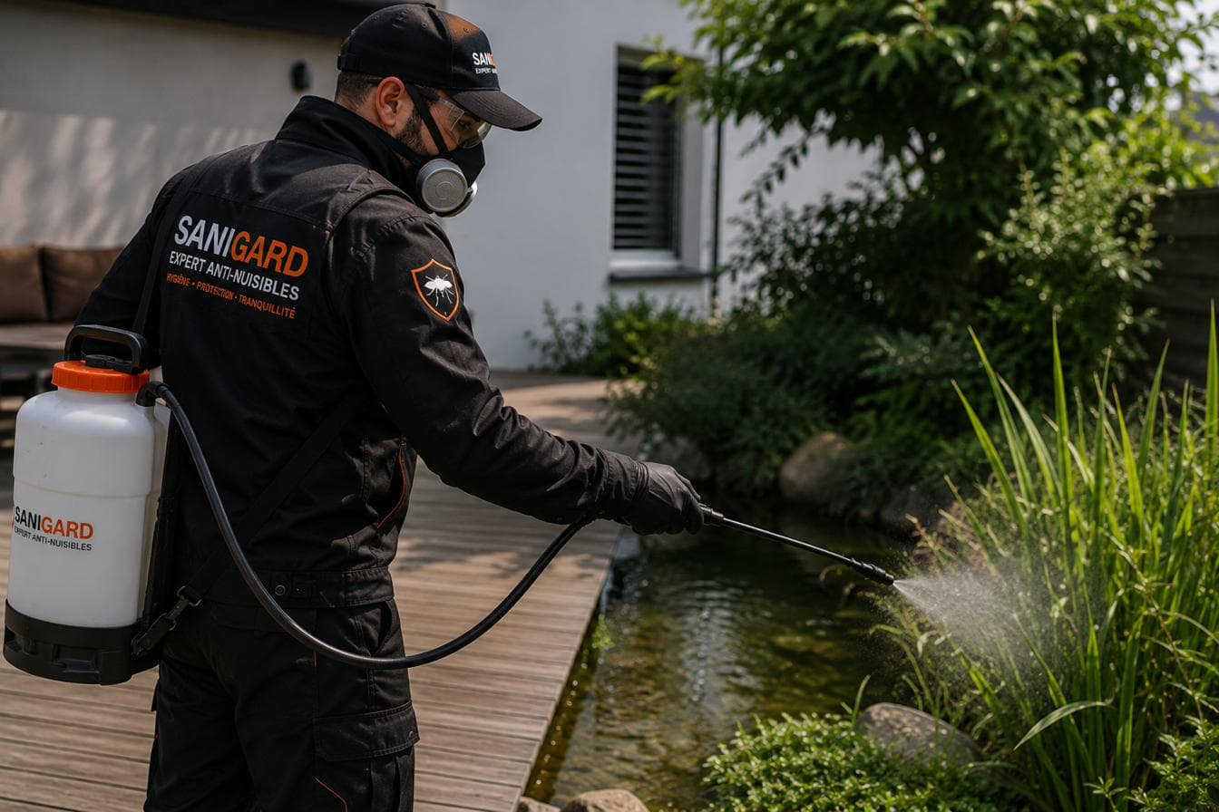 Technicien SANIGARD pulvérisant un traitement extérieur près d'un point d'eau