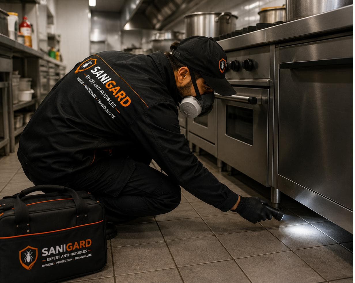 Technicien SANIGARD inspectant une cuisine professionnelle à la lampe torche
